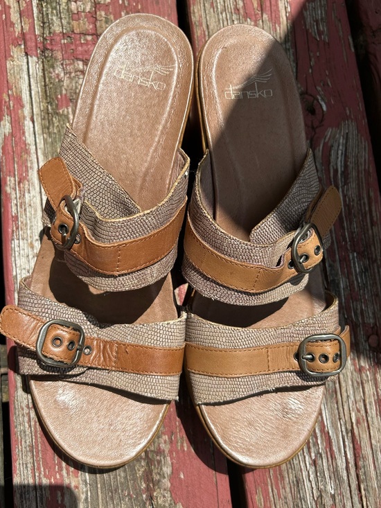 Dansko Shoes - Dansko Tan & Brown Leather Slide Mules with Buckles